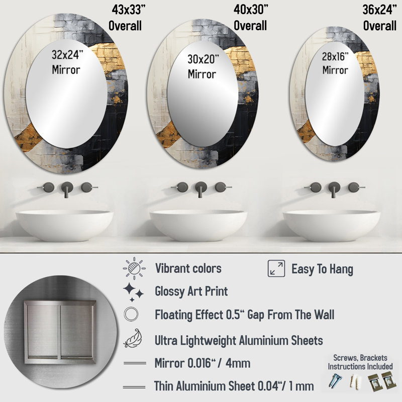 Gray Gold Minimalism Poteries - Gray Modern Oval Wall Mirror, 40" x 30"