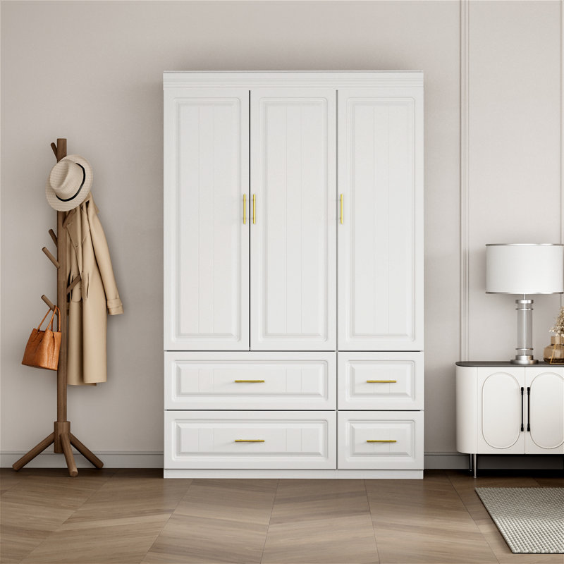 Armoire garde-robe en panneau de fibres à densité moyenne avec 4 tiroirs, 3 portes, tringle à vêtements en aluminium, glissières silencieuses et conception anti-basculement