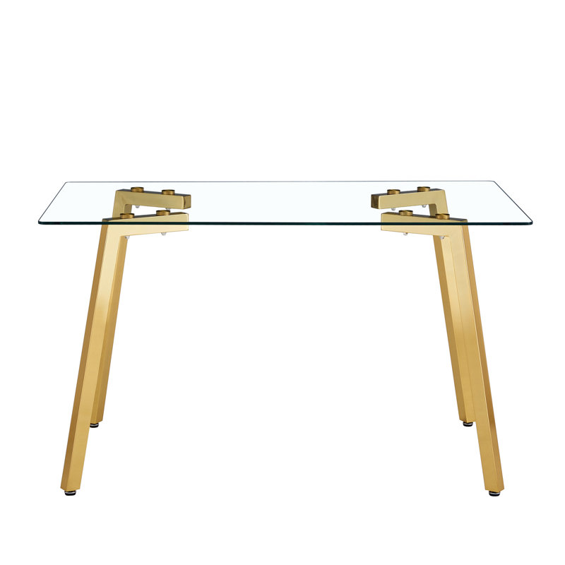Table rectangulaire avec plateau en verre trempé et pieds en métal doré, minimaliste moderne pour la décoration de salles à manger