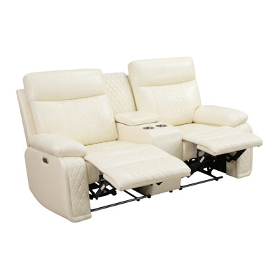 Power Recliner Set With LED Lights, Quilted Air Leather Reclining Set With USB Port/Storage/Cup Holder/Reader Light For House/Home Theater/Apt/Rv/Office (White, Loveseat)