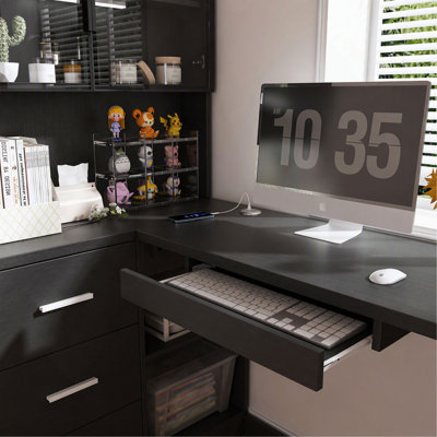 L-Shaped Computer Desk with Glass Cabinets & LED Lights, USB Ports, Keyboard Tray