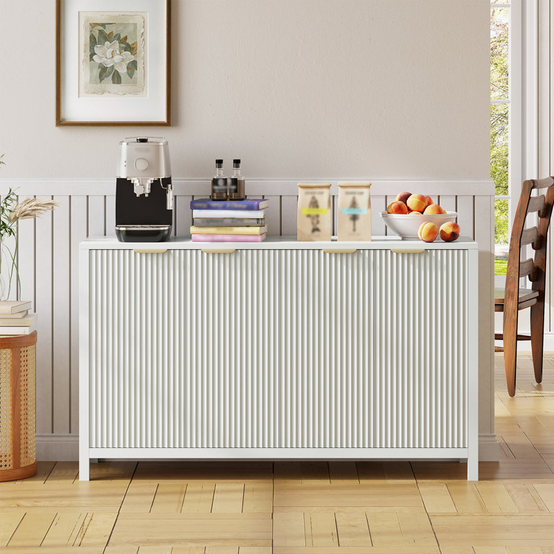 55" Fluted Sideboard Buffet Cabinet with 4 Doors & Adjustable Shelves, White