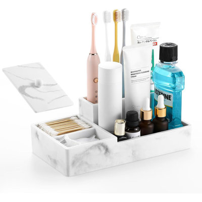 Bathroom Counter Organizer, Marble Toothbrush Holder For Bathroom 6 Slot, Bathroom Vanity Organizer With Lid, Bathroom Organizer Countertop For Cotton Ball, Cotton Swabs, Floss, Gravel White