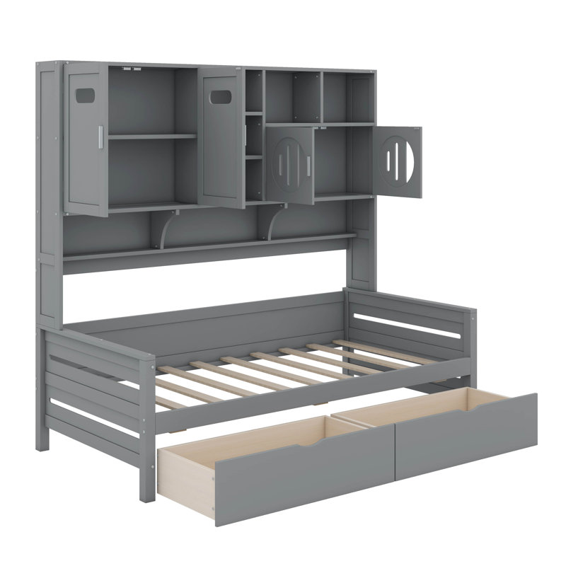 Lit de jour simple en bois avec tiroirs, Gris