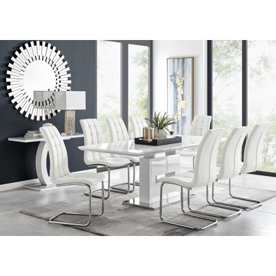 Alezzo Modern High Gloss Extendable Dining Table Set with 8 Modern FauxLeather Dining Chairs