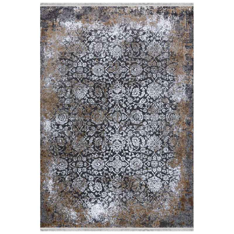 Tapis floral noir / vison Frederico, Tapis de couloir 2 pi 7 po x 9 pi 10 po