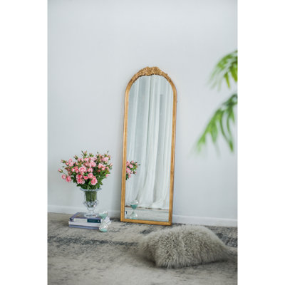 Miroir de plancher de salle de bain de chambre à coucher 19 po x 56 po pour salle de bain - Crochet complet pour maquillage en bois inclus Motif floral doré et complexe renforcé Détails