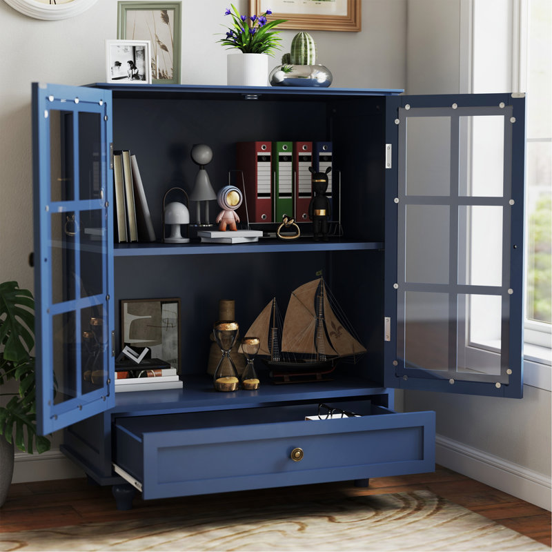 Minimalist Modern Wooden Storage Sideboard Cupboard with Double Glass Doors and Drawer for Living room, Dining Room, Hallway, Entryway