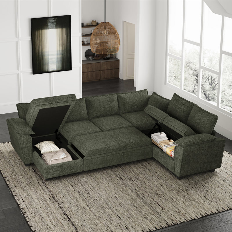 Large Chenille U-Shaped Storage Sectional Sofa King Pull Out Sofa Bed Sleeper Livingroom Bedroom Apartment Modular Couch