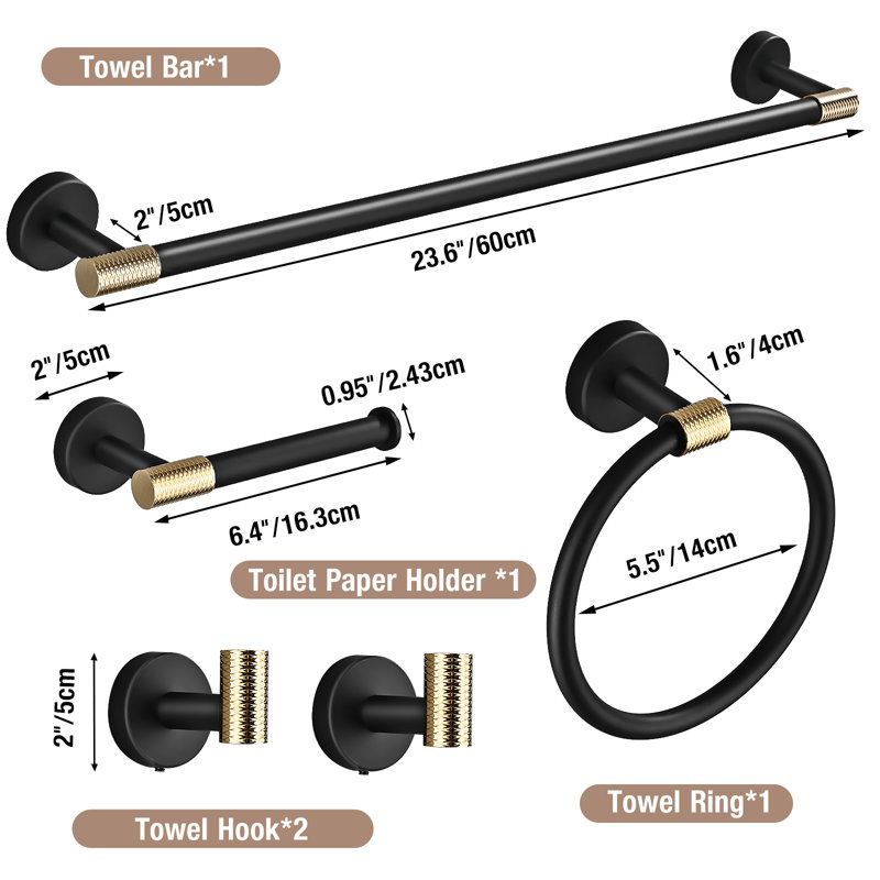 5-Piece Bathroom Hardware Set Matte Black and Gold
