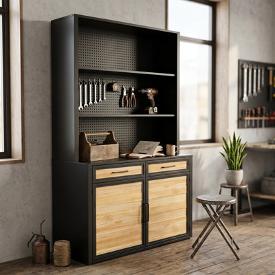82.7" Industrial Tool Cabinet With Full Pegboard, Black Metal & Pine Wood Garage Organizer With Drawers