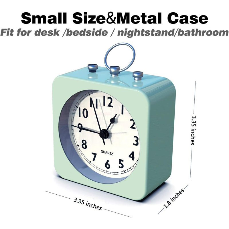 Battery Operated Alarm Clock With Square Metal Case,No Ticking Analogue Quartz, Simple Operation For Bedroom/Travel/Desk/Kids(Green)