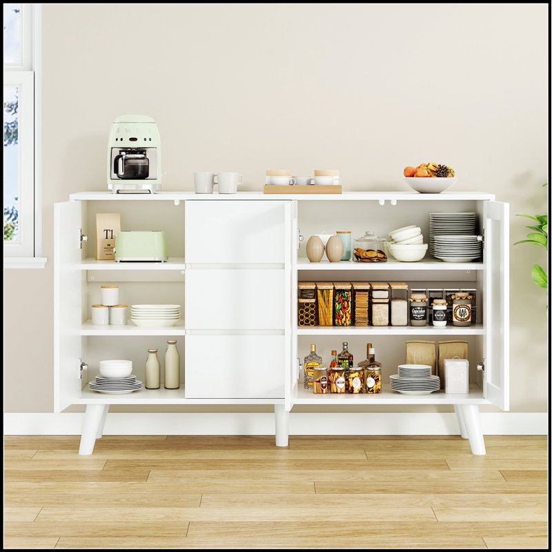 Buffet Farmhouse avec 3 tiroirs et portes escamotables, parfait pour le rangement de la salle à manger et de la cuisine