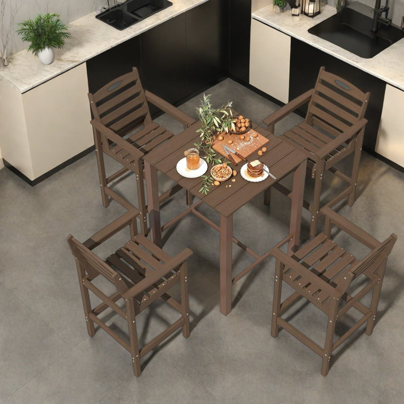 Durable Patio Bar Sets, HDPE 5 Piece Modern Bar Height Set for Backyard, Brown