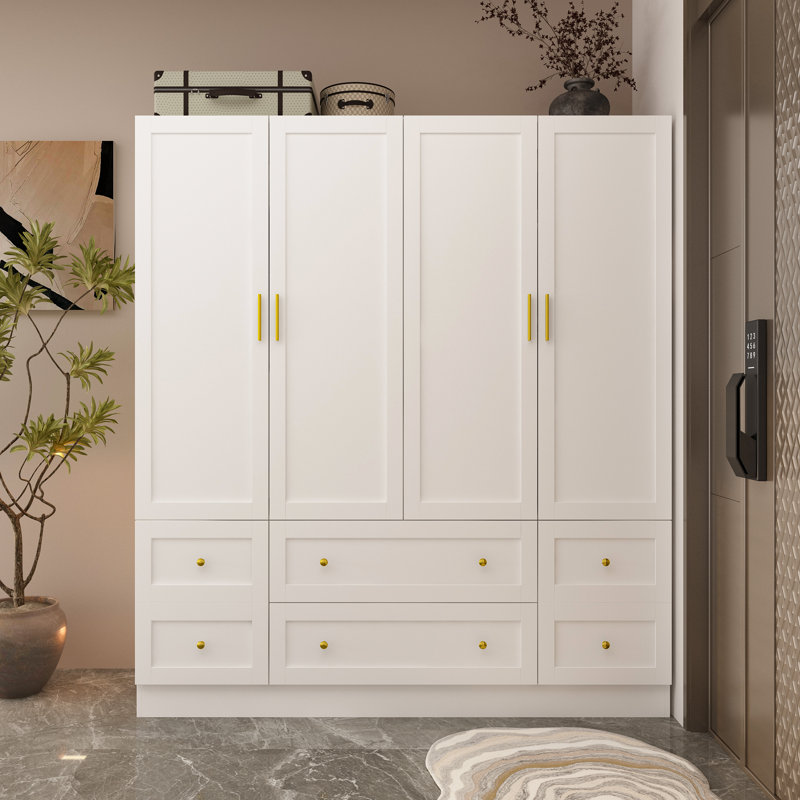 Armoire moderne à 4 portes avec rangement à tiroirs multiples et poignées dorées - Organisateur de garde-robe autoportant l 63 po