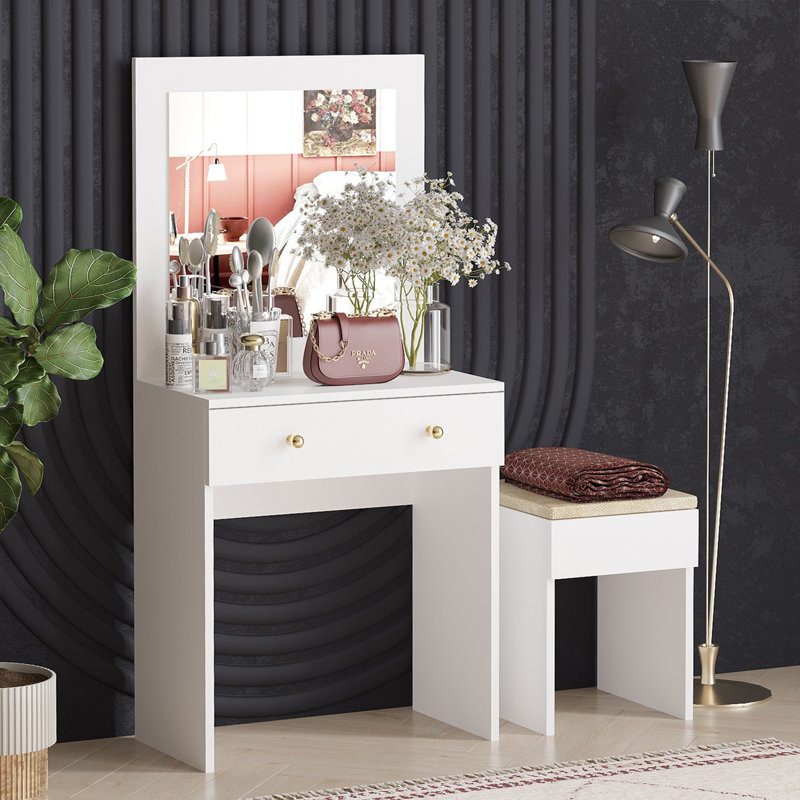 Elegant Make-Up Table with Mirror, White & Gold | 100% Melamine Coated Particle Board, 25.6 x 54.7 x 13.8 inches | Includes Wall-Mount Option | Modern Design Perfect for Bedroom & Vanity Spaces, Stylish & Functional