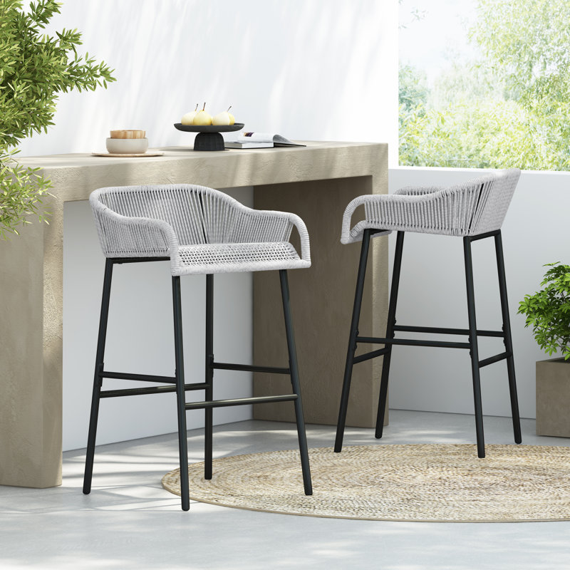 Tabourets de bar modernes, structure en métal, corde gris clair, salon d'extérieur