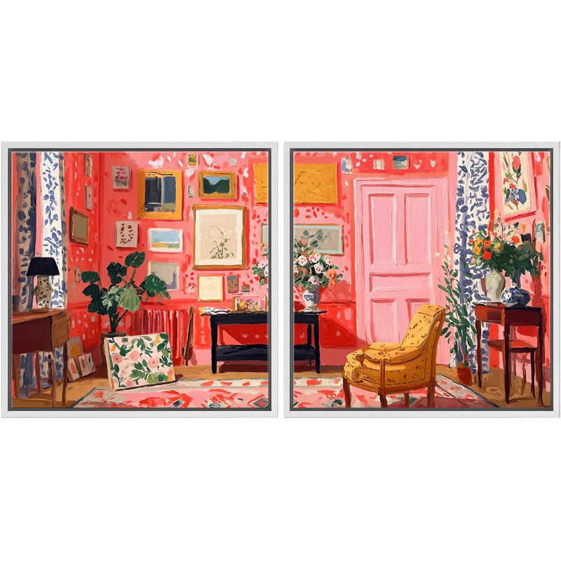 «Vibrant Floral Interior Room», ensemble de 2 reproductions d'art mural encadrées, H 24 po x l 24 po, Cadre flottant blanc