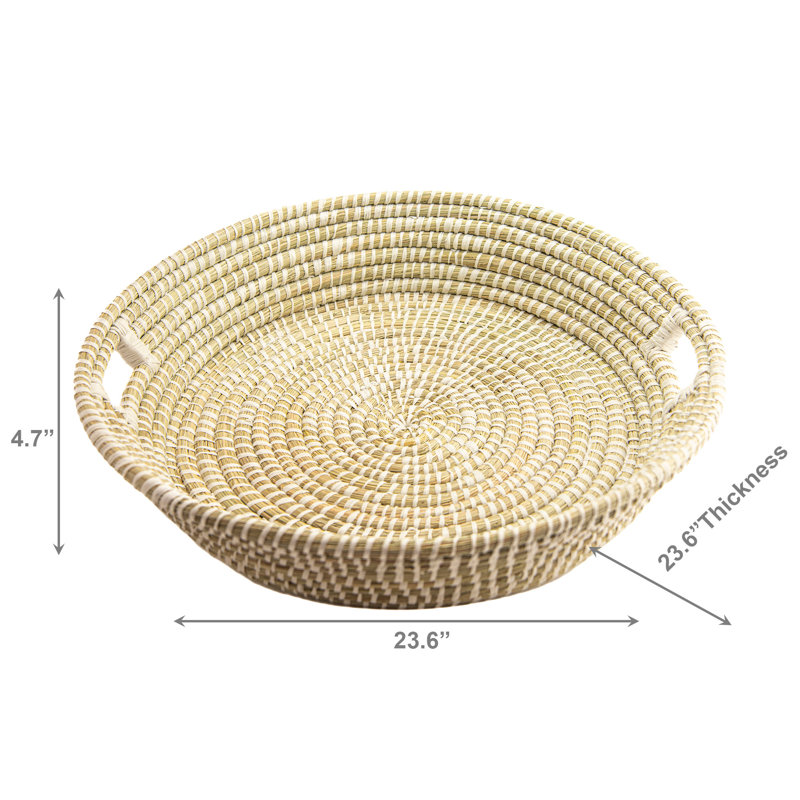24" Round Natural Grass Tray Basket With Handle White
