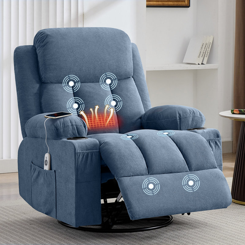 Swivel Rocker Recliner Chair With Vibration Massage And Heat For Living Room ,With Rocking Function And Side Pocket, USB Charge Port,2 Cup Holders
