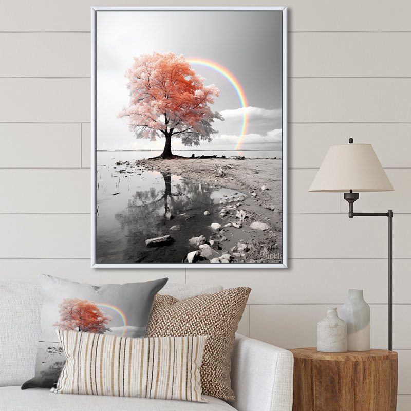 Rainbow Arc Over Pink Tree - Floral Canvas Wall Art, H 40 po x l 30 po x P 1,5 po, Cadre flottant blanc