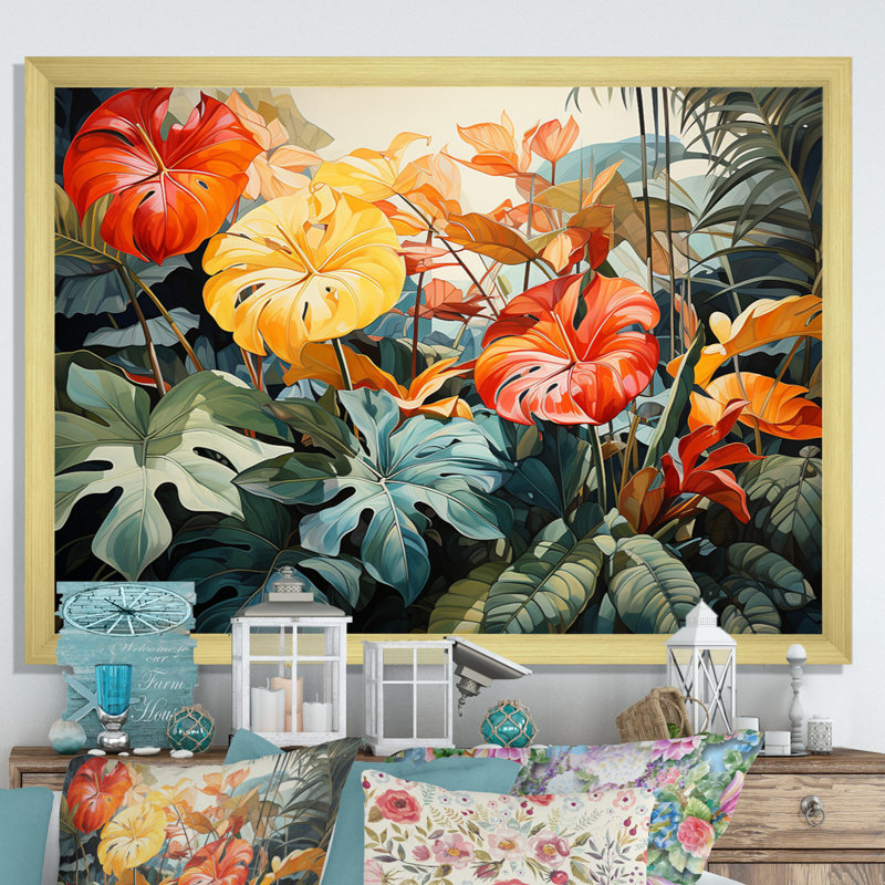 Orange tropical et feuillage vert I, Encadrement doré, H 16 po x l 32 po x P 1 po