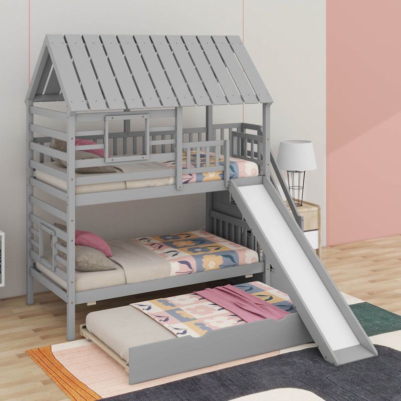 Twin Over Twin Bunk Bed With Trundle And Slide, Gray