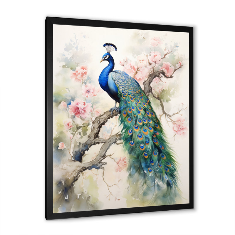 «Badrulla Blue Ink Wash Peacock I», reproduction d'art sur toile, H 44 po x l 34 po, Cadre photo noir
