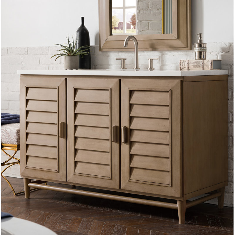 Broeder 48'' Single Bathroom Vanity with Top, Whitewashed Walnut, White Zeus, Widespread