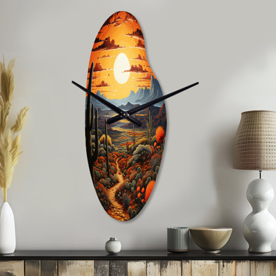 Yellow Green Cactus Desert Sunset Saguaro - Cactus Asymmetrical Metal Clock, Yellow Curved Metal Clock Print