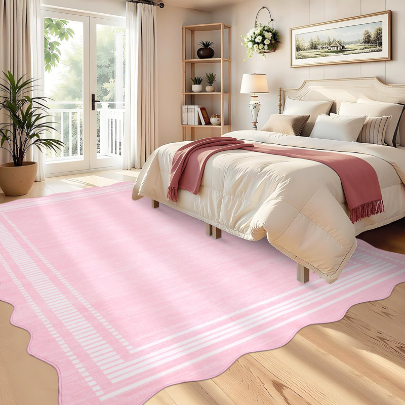 Tapis lavable moderne festonné pour salon, chambre à coucher, bureau, Rose, Rectangle 5 pi x 7 pi