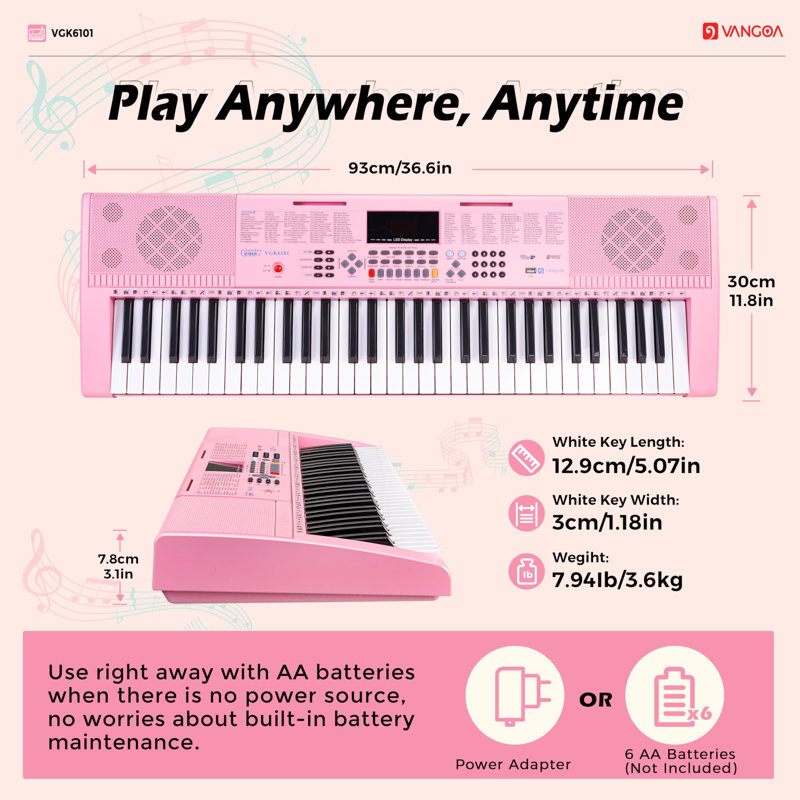 Piano Keyboard For Beginner,61 Keys Electric Keyboard Piano Portable Music Keyboard With Lighted Up Keys For Kids Teens, Back To School Piano With Stand Pedal Microphone USB