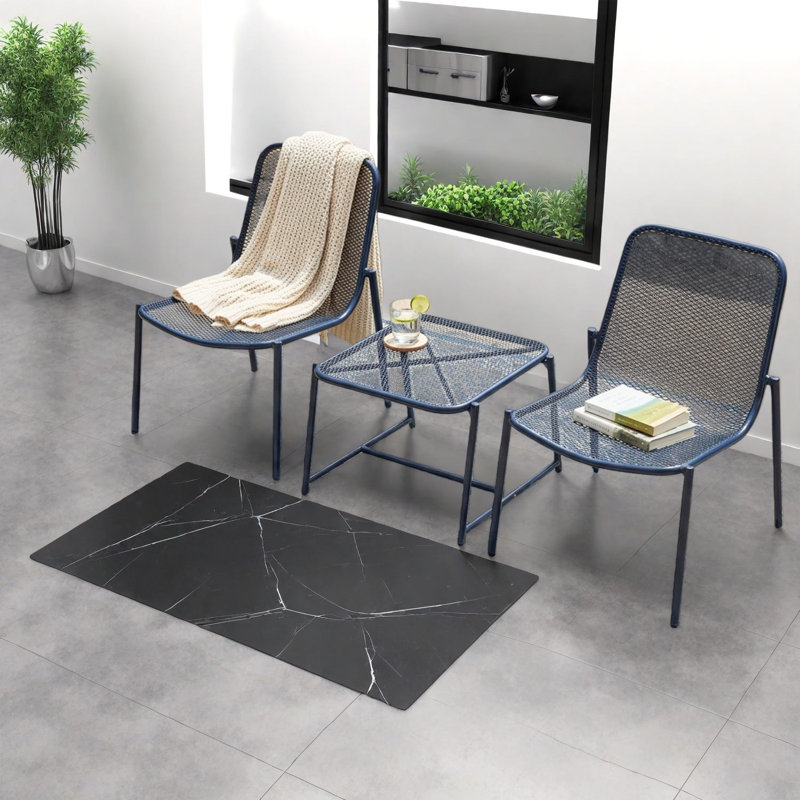 Compact Modern Dining Table Sets With Iron Frame, Navy Blue, Outdoor Use