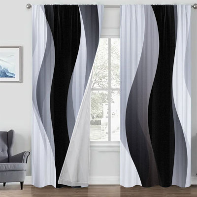2Pcs Modern Abstract Wave Curtains, Gradient Black White Light Filtering Window Drapes for Living RoomBedroom Kitchen Treatments, Rod Pocket Curtain Panels