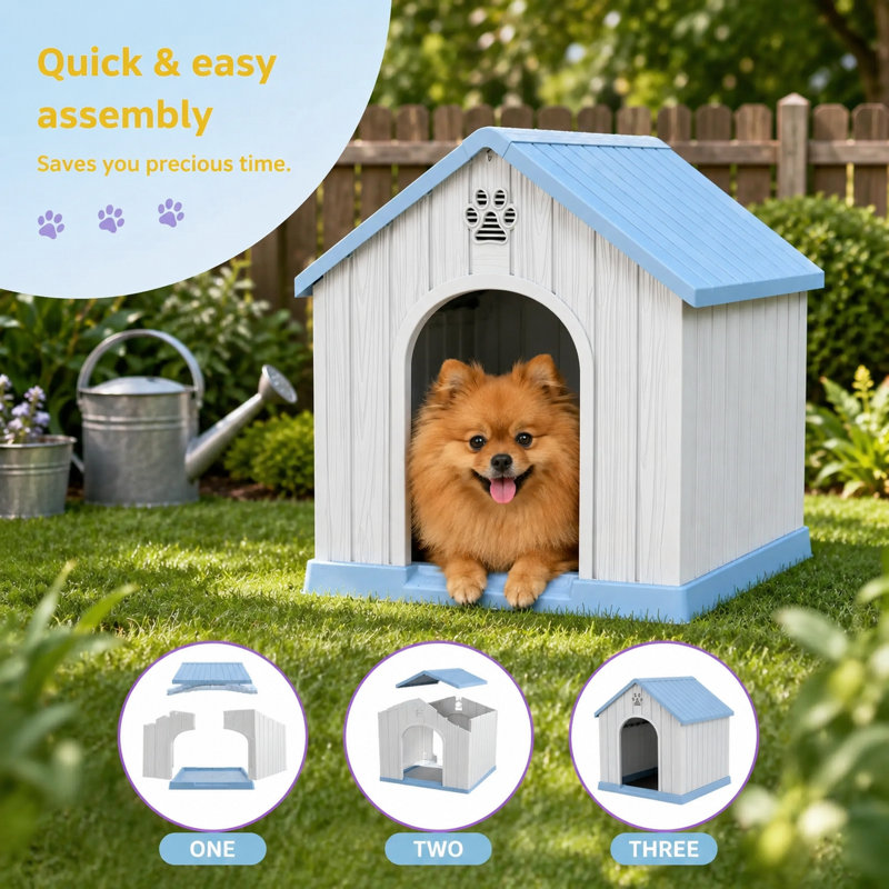 Niche pour chien en plastique résistante aux intempéries avec évents cachés et piquets de sol, abri pour animaux à base surélevée, assemblage sans outil