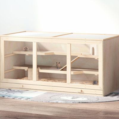 Cage à hamster spacieuse en bois avec toit à charnières - 1000 pouces carrés pour les hamsters et autres petits animaux de compagnie. Hut and Ramps. Robuste. L 45,25 po x H 23,03 po