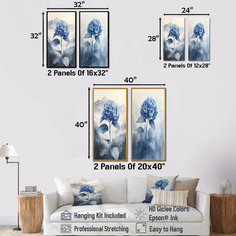 Hortensias bleus dans le rêve brumeux I - Collection d'art mural floral 2 pièces, H 28 po x l 25 po, Toile tendue