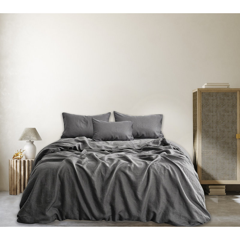Ensemble de housse de couette en lin 3 pièces , Housse de couette très grand californien et 2 tai, Graphite