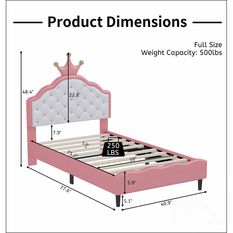 Lit simple princesse en cuir PU avec tête de lit capitonnée, rose et crème, parfait pour une chambre royale, Simple