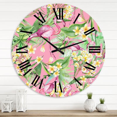 Horloge murale moderne feuillage tropical, fleurs jaunes avec flamant III