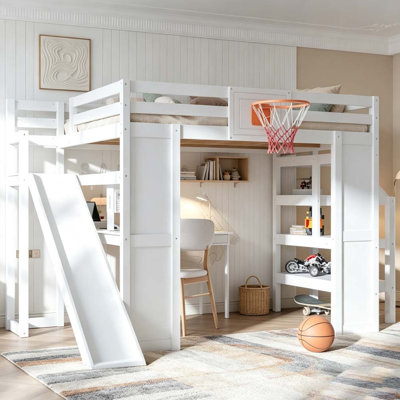 Full Size Wooden Loft Bed with Built-in Desk, Basketball Hoop, Slide and Staircase