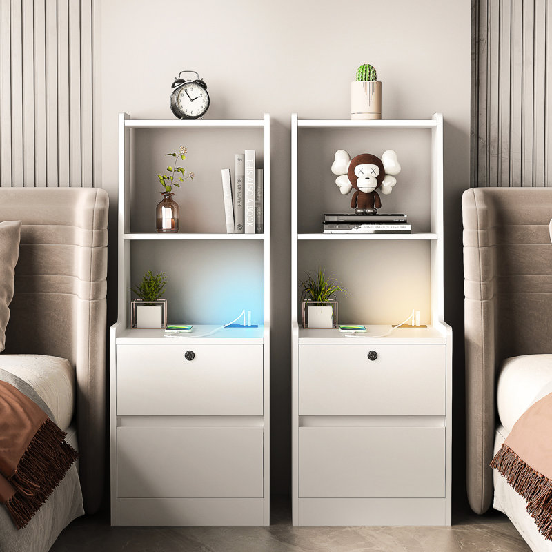 Tables de chevet de 2, blanc avec commande vocale de nuit, espace de chargement et espace verrouillable pour la chambre à coucher