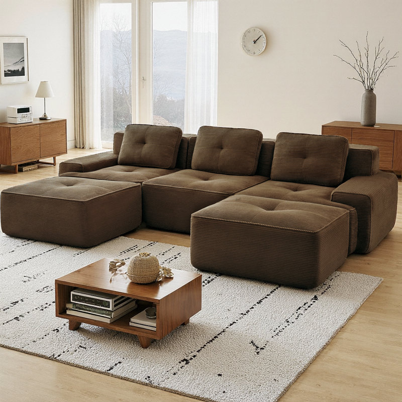 117" Boneless U-Shaped Modular Sectional Sofa with Ottoman, 3-Seater Corduroy Couch with Tufted Design, Deep Seating Cloud Sofa, No Assembly Required & Anti-Slip Base