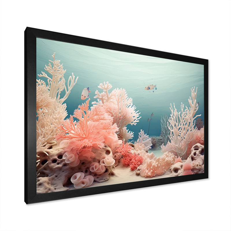 Coral Reef - rose et bleu - impressions sur toile, plage et océan, Cadre simple noir, H 16 po x l 32 po x P 1 po