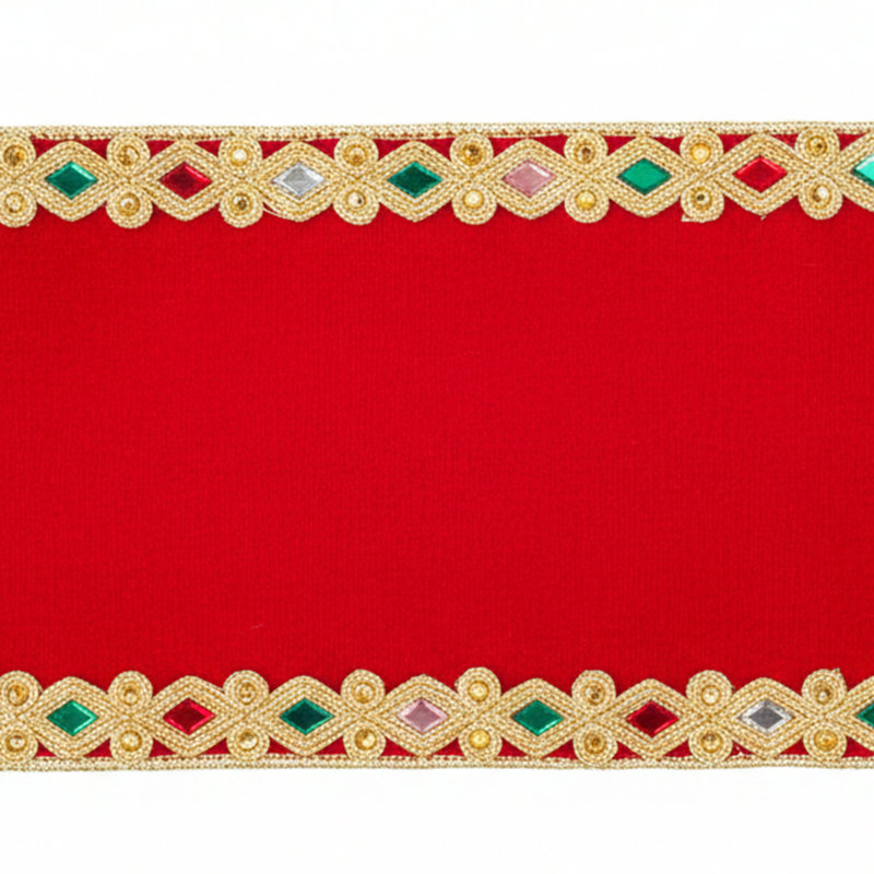 Vickerman 4"X10 Yds Red Velvet with Jeweled Gold Applique Trim and Gold Backing Ribbon.
