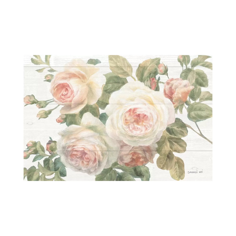 Vintage Roses White On Shiplap Crop by Danhui Nai - Wrapped Canvas Painting, 20.32cm H x 30.48cm W x 1.91cm D