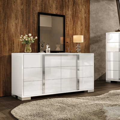 Modern High-Gloss 6-Drawer Double Dresser, White