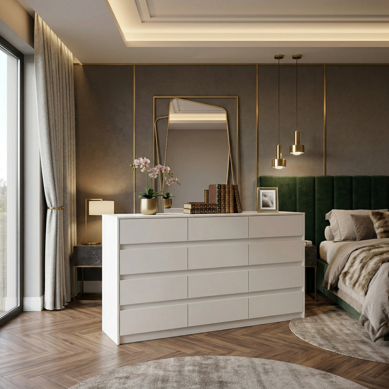 Commode double à 12 tiroirs de 63 pouces de large, sans poignées, Blanc