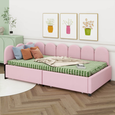 Lit de jour rembourré en velours avec 2 tiroirs Lerner | Tête de lit en tissu doux | Pas besoin de sommier tapissier | Canapé-lit polyvalent pour le salon, la chambre d'amis et les petits appartements | Confort moelleux avec rangement intégré