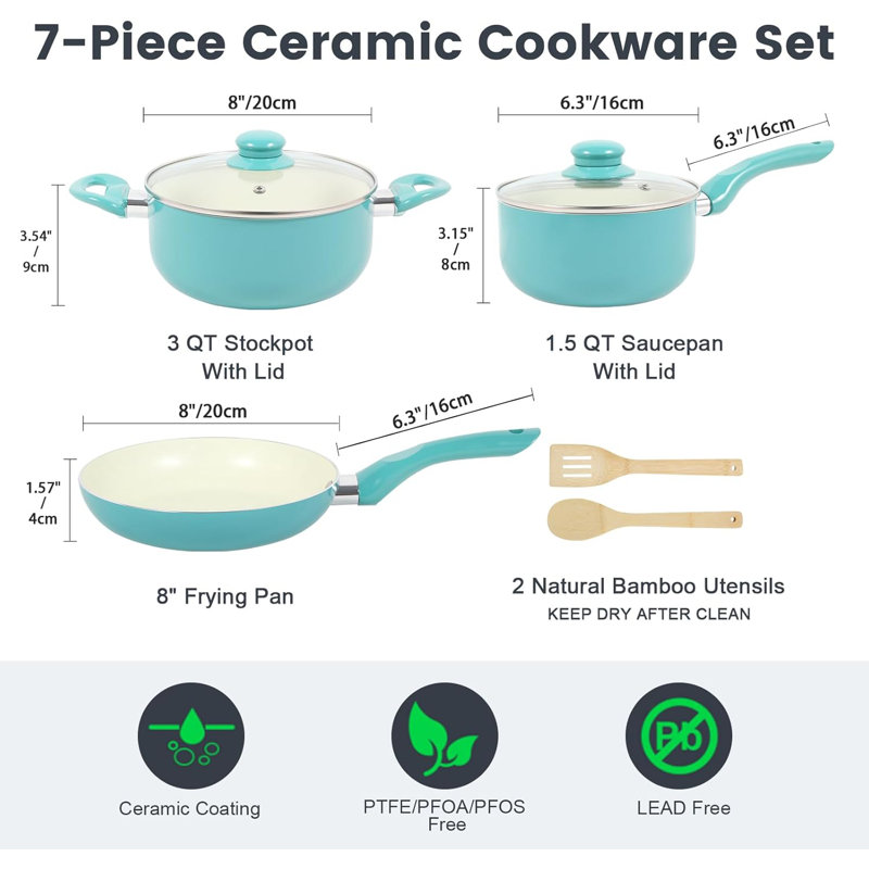 Batterie de cuisine antiadhésive 7 pièces turquoise